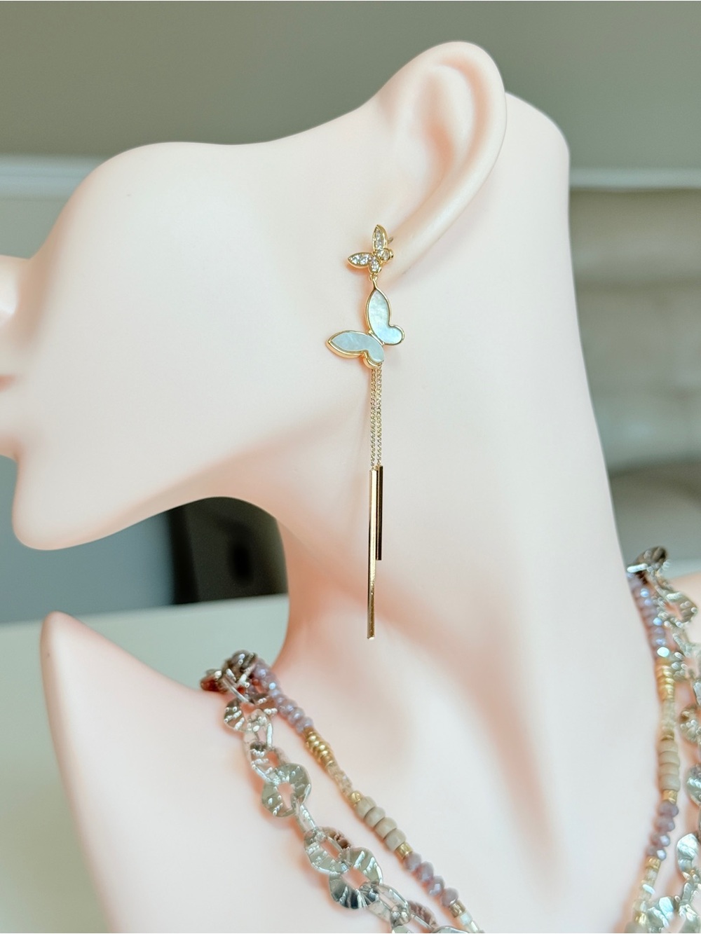 S925 Gold Butterfly Drop Earrings with Light Cream Inlay - Women Jewelry
